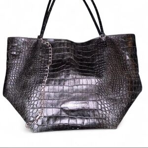 Adolfo Dominguez Black Crocodile-Embossed Tote